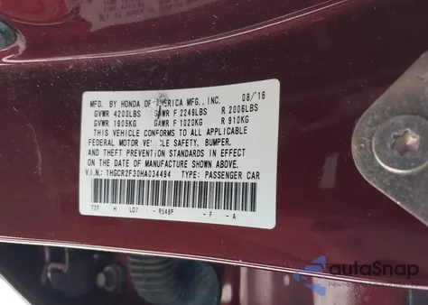2017 Honda Accord Lx from USA, damaged, VIN 1HGCR2F30HA034494